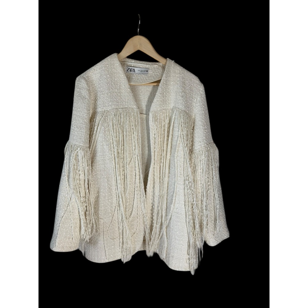Zara Cream Tweed Textured Fringe Jacket Boho Textured Cardigan‎ 4786/303/712 M - Picture 3 of 9